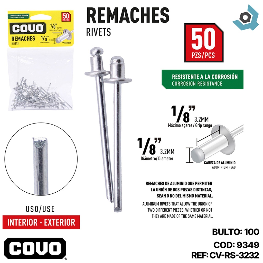 REMACHE 1/8" X 1/8" 50 PIEZAS COVO