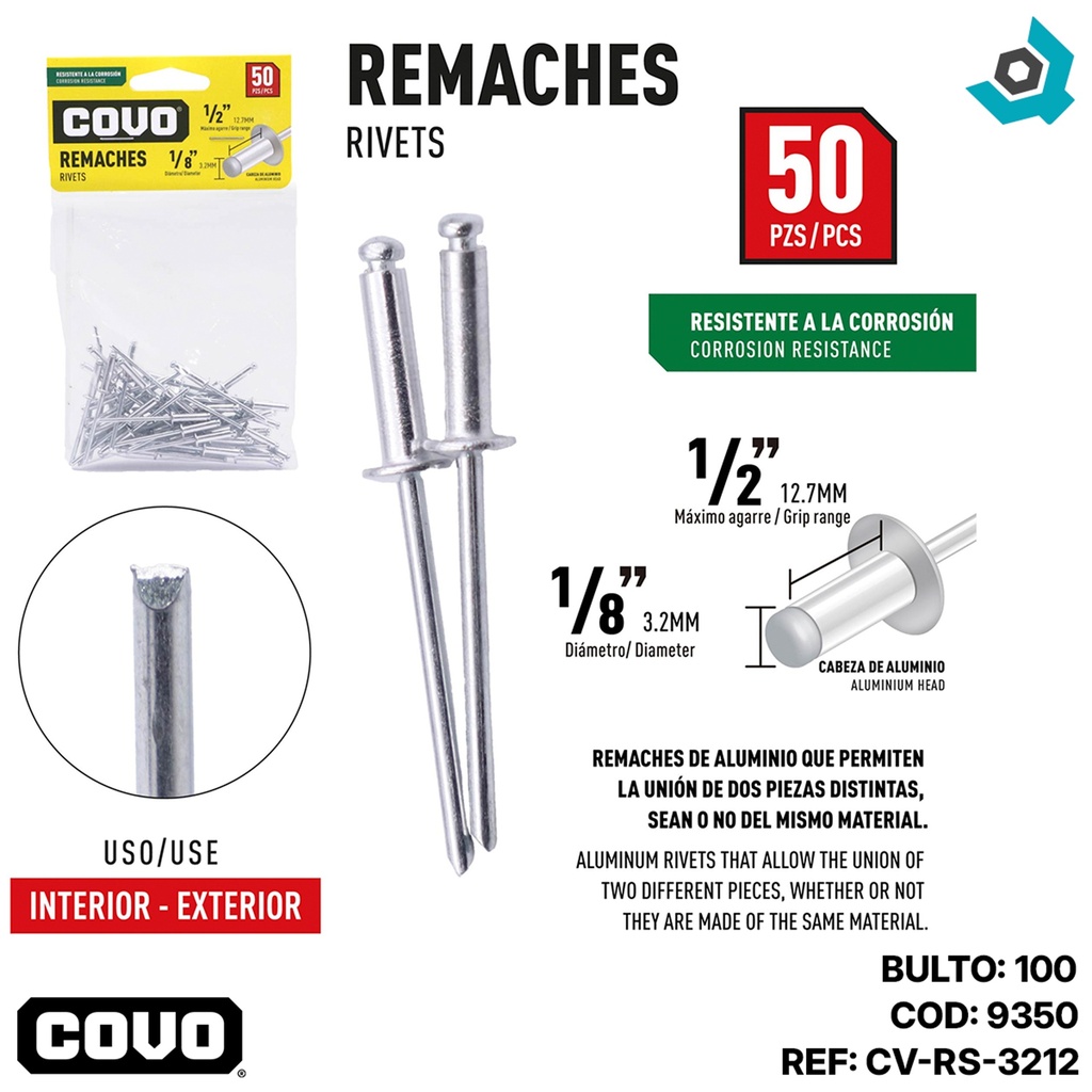 REMACHE 1/8" X 1/2" 50 PIEZAS COVO
