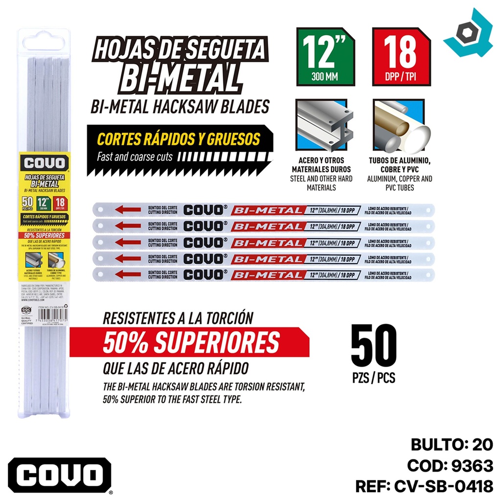 HOJAS DE SEGUETA 18 DIENTES BI METAL COVO
