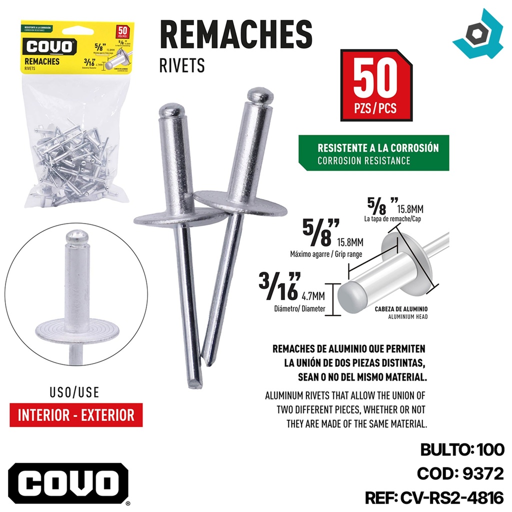 REMACHES 3/16" X 5/8" ALA ANCHA 50 PIEZAS COVO