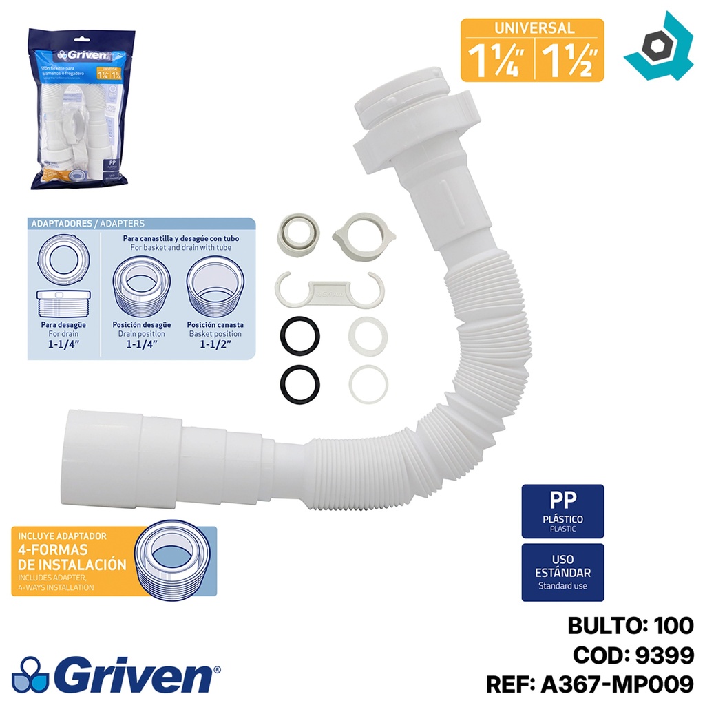 SIFON PARA LAVAMANOS O FREGADERO 1/2" Y 1 1/4" FLEXIBLE GRIVEN