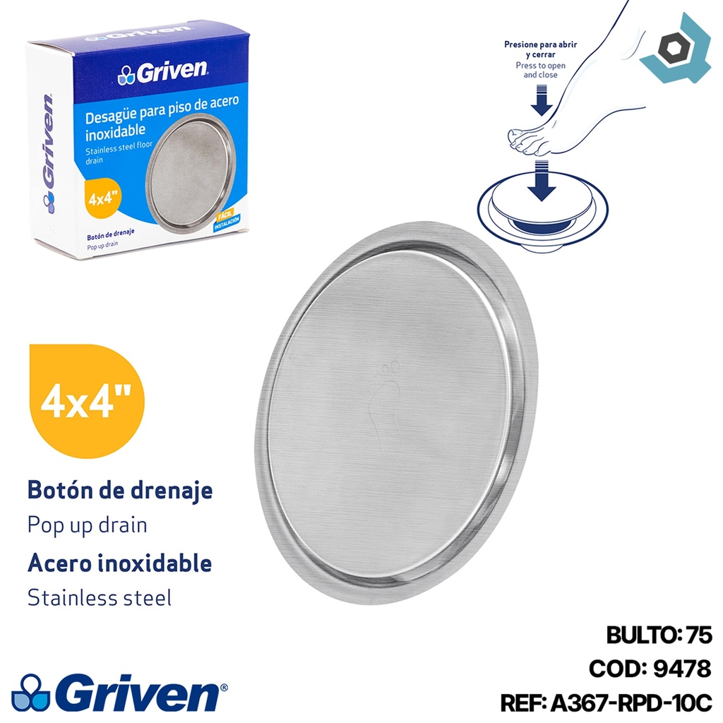DESAGUE DE PISO 4" X 4" PUSH ACERO INOXIDABLE GRIVEN