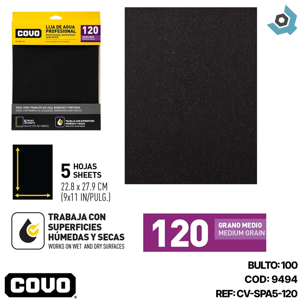 LIJA DE AGUA 9" X 11" GRANO 120 MEDIO COVO