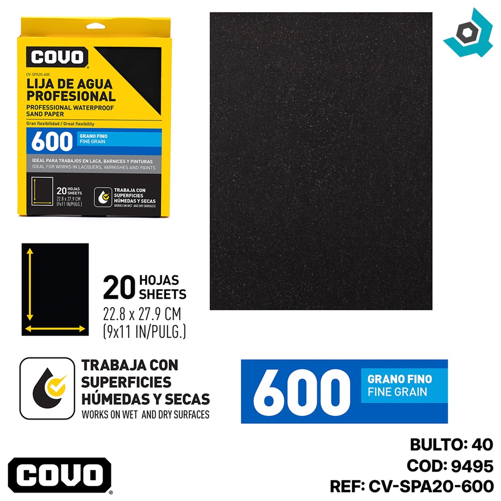 LIJA DE AGUA 9" X 11" GRANO 600 FINO COVO