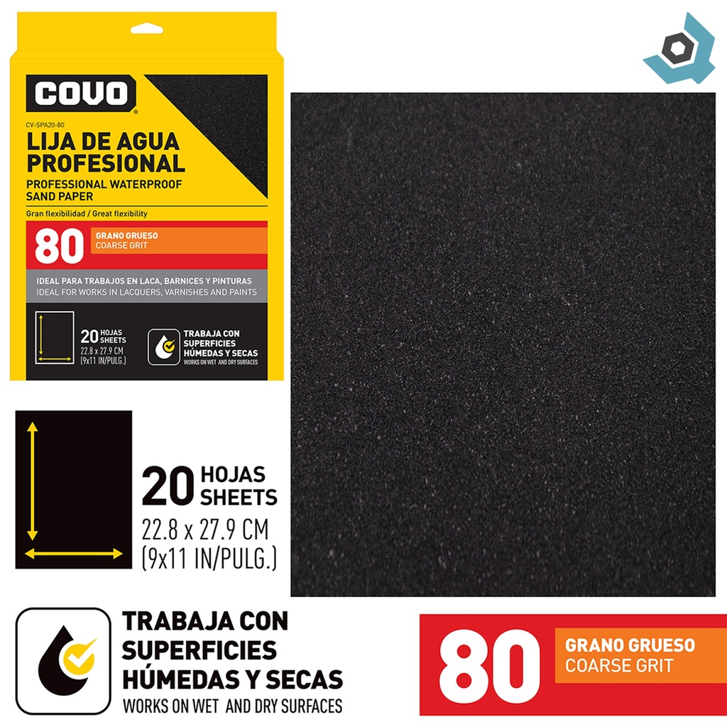 LIJA DE AGUA 9" X 11" GRANO 80 GRUESO COVO