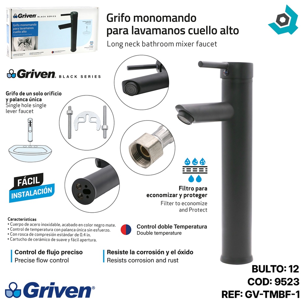 GRIFERIA PARA LAVAMANOS MONOMANDO GRIVEN BLACK