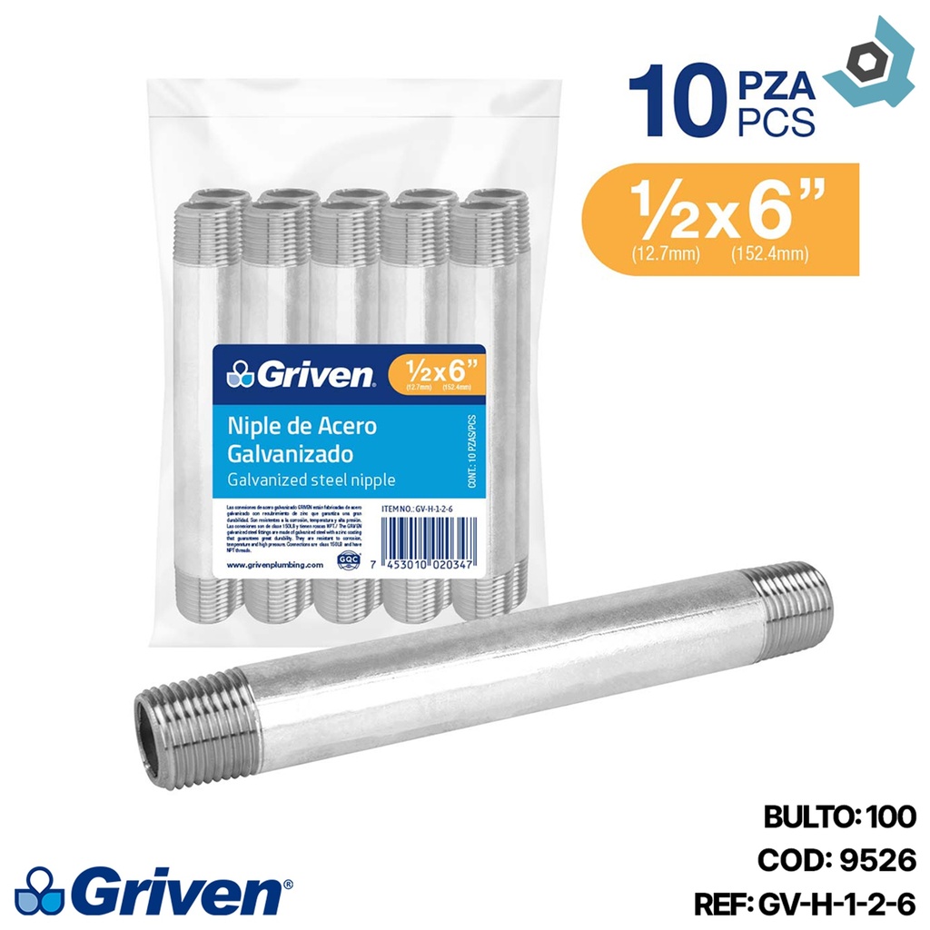 NIPLE 1/2" X 6" DE ACERO GALVANIZADO GRIVEN