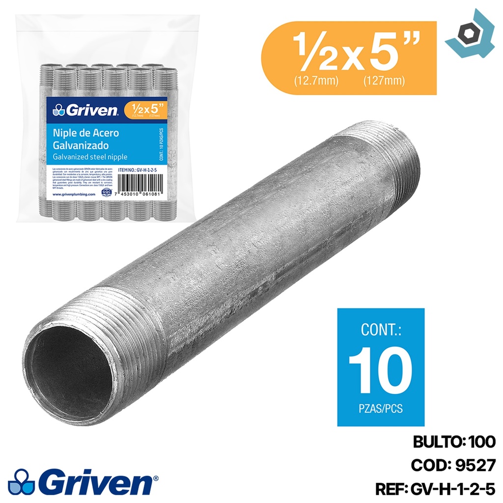 NIPLE 1/2" X 5" DE ACERO GALVANIZADO GRIVEN
