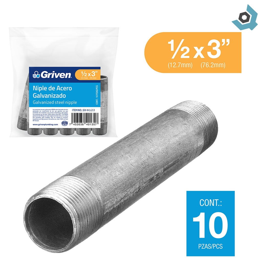 NIPLE 1/2" X 3" DE ACERO GALVANIZADO GRIVEN