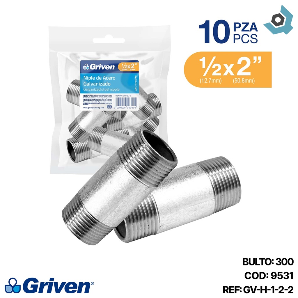 NIPLE 1/2" X 2" DE ACERO GALVANIZADO GRIVEN