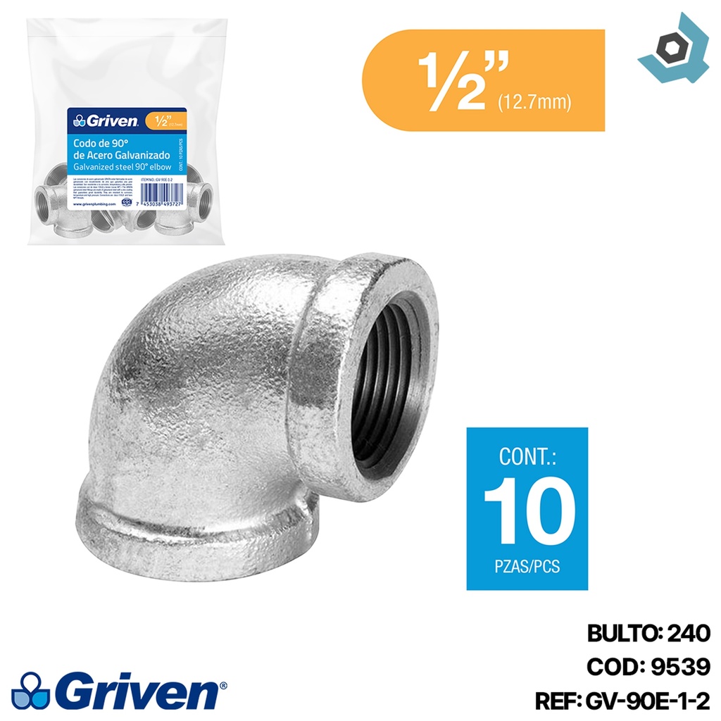 CODO 90GR 1/2" DE ACERO GALVANIZADO HR GRIVEN