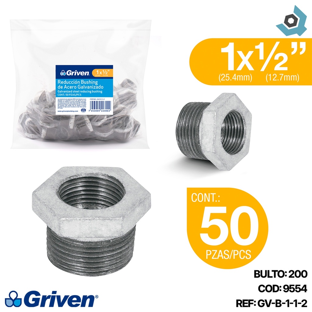 REDUCCION BUSHING 1" X 1/2" DE ACERO GALVANIZADO GRIVEN (50 UNIDADES)