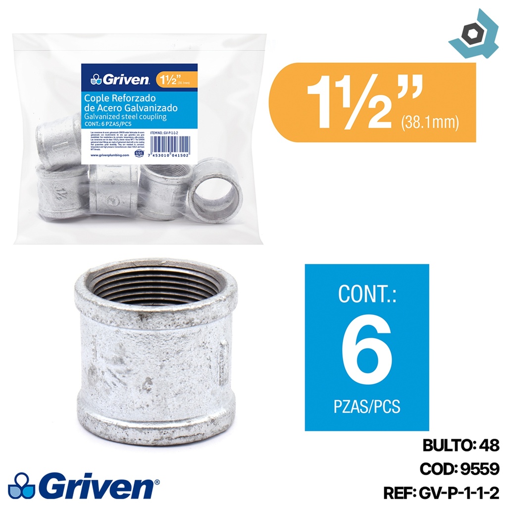 UNION REFORZADA 1 1/2" DE ACERO GALVANIZADO GRIVEN
