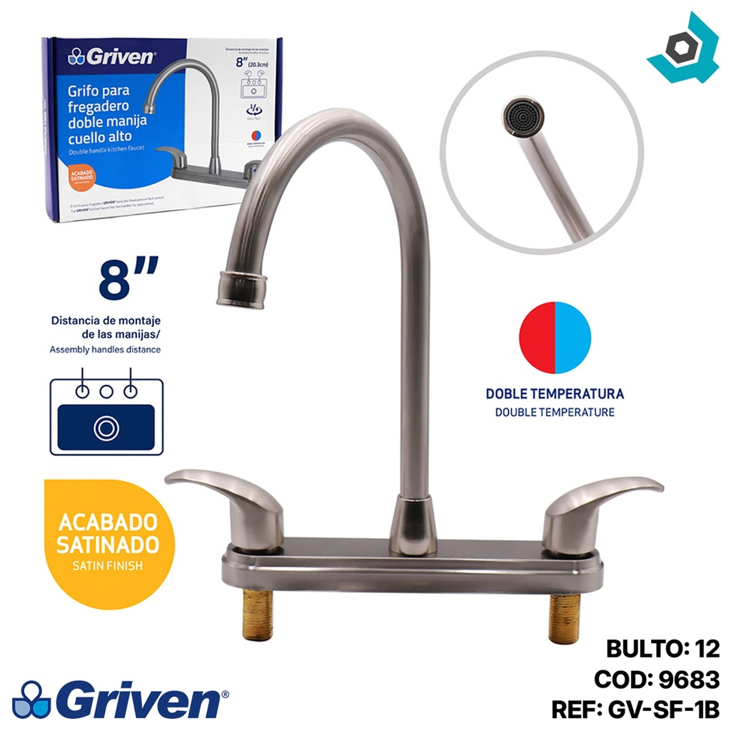 GRIFERIA PARA FREGADERO 8" CUELLO ALTO GRIVEN