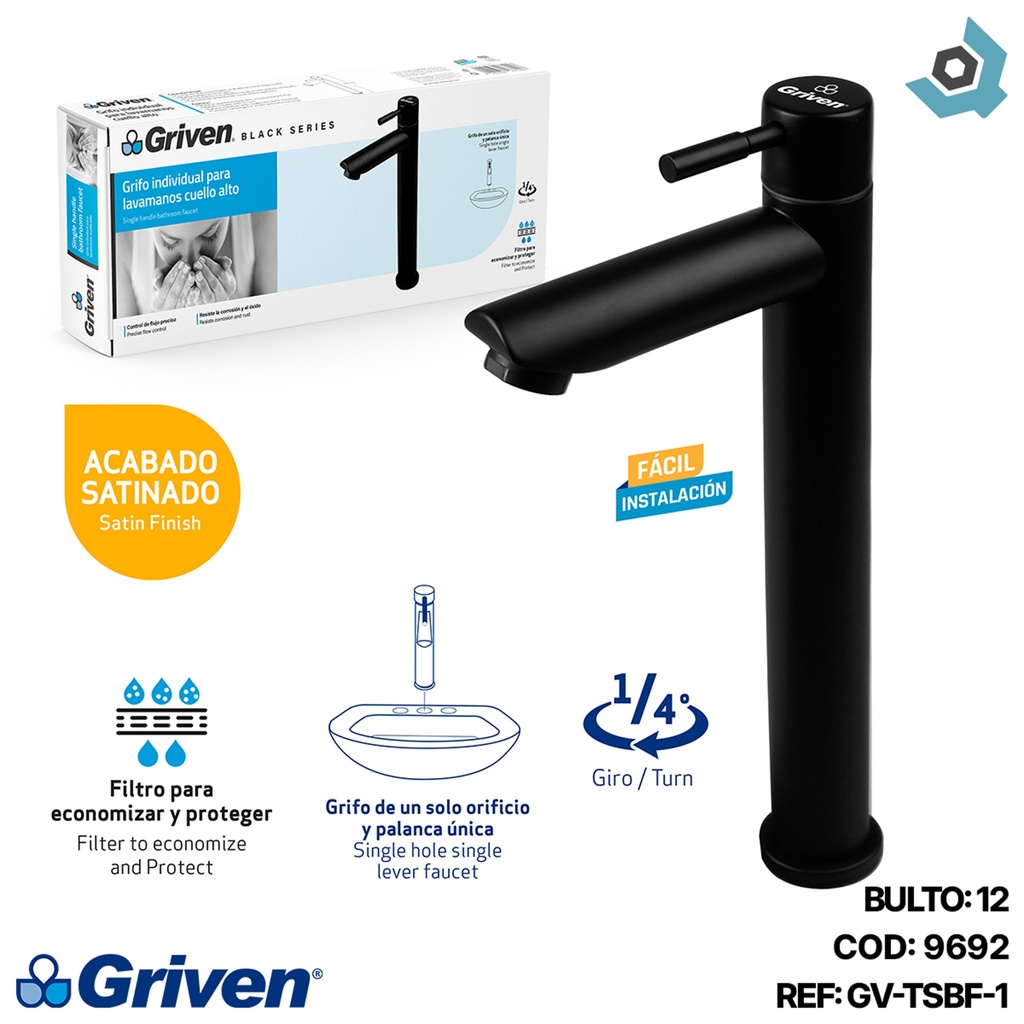 GRIFERIA PARA LAVAMANOS INDIVIDUAL CUELLO ALTO GRIVEN BLACK