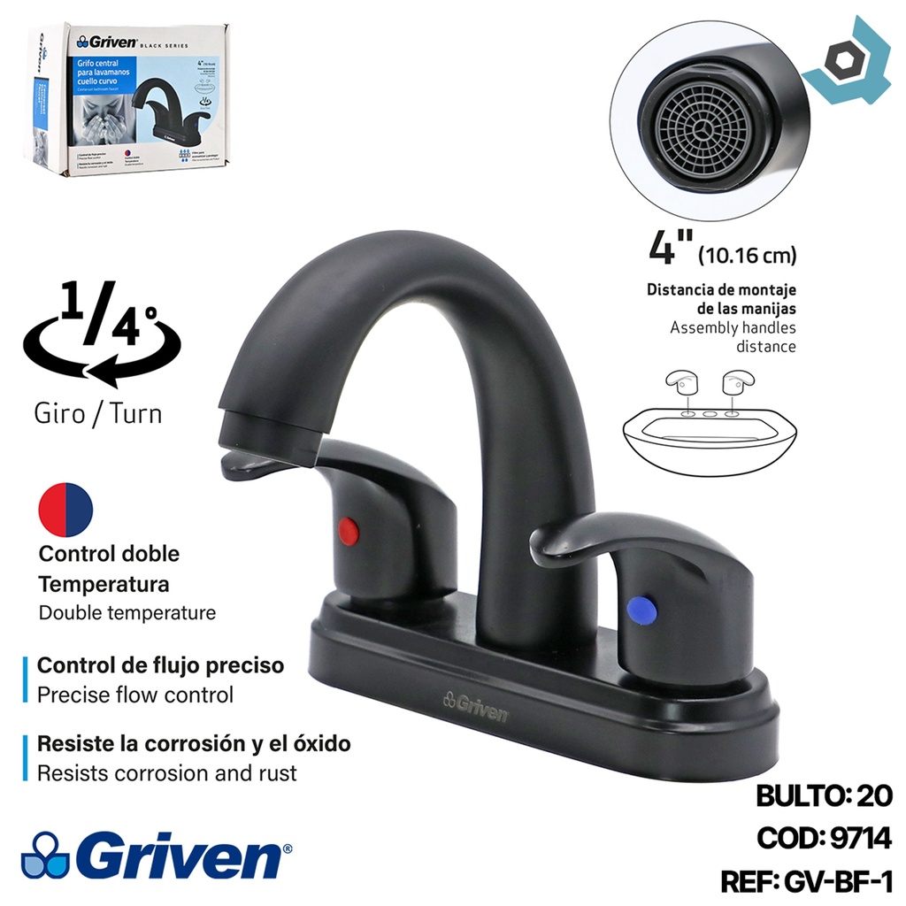 GRIFERIA PARA LAVAMANOS 4" CUELLO CURVO GRIVEN BLACK