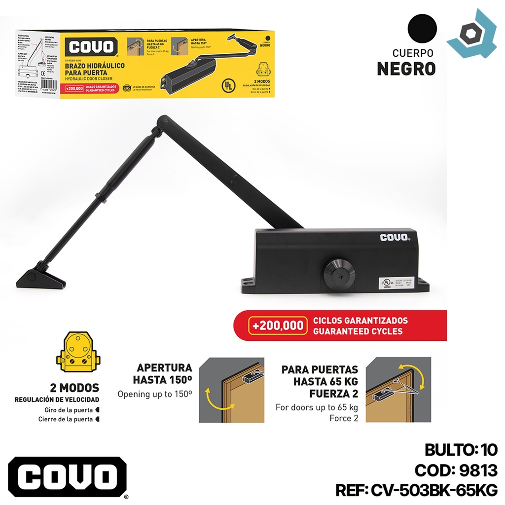 BRAZO HIDRAULICO PARA PUERTAS 65KG NEGRO COVO