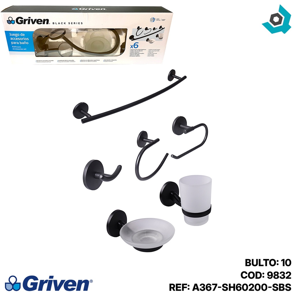JUEGO DE ACCESORIOS PARA BANO 6 PIEZAS GRIVEN BLACK