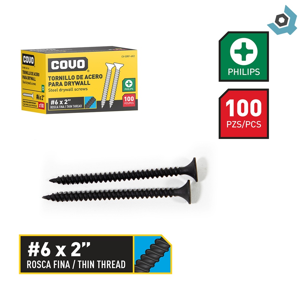 TORNILLO DRYWALL #6 X 2" ROSCA FINA 100PZA COVO