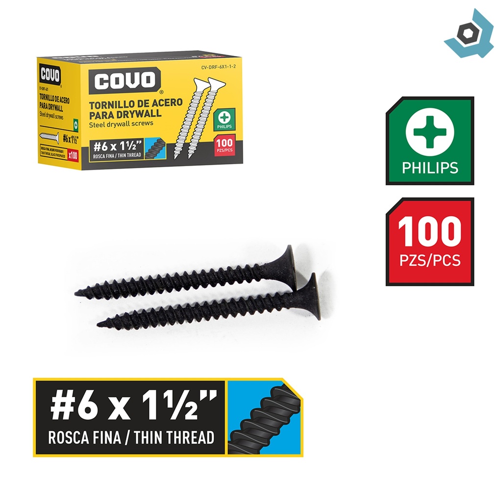 TORNILLO DRYWALL #6 X 1 1/2" ROSCA FINA 100PZA COVO