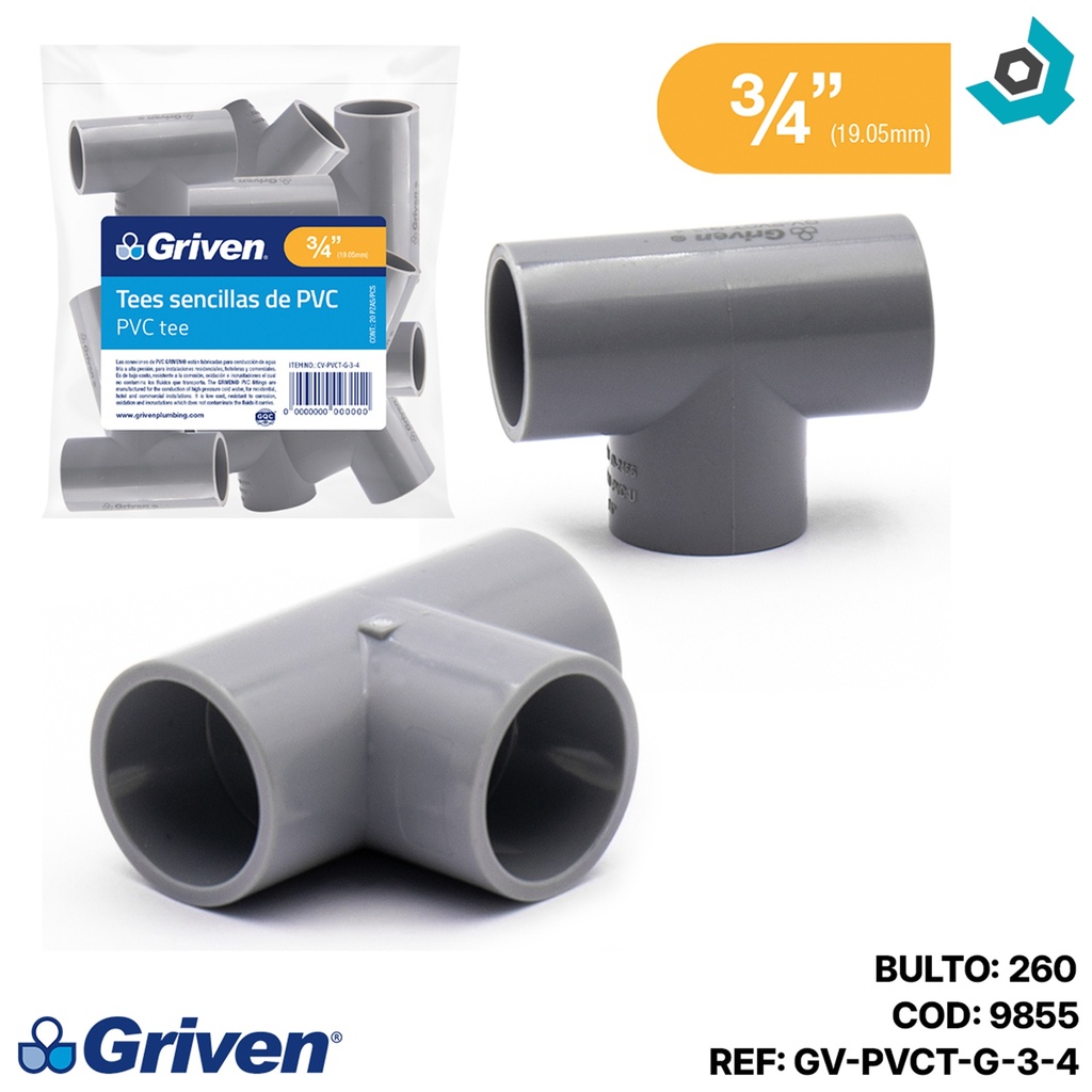 TEE PVC 3/4" SENCILLA CXCXC GRIS GRIVEN