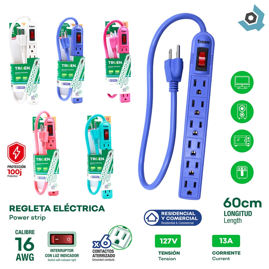 REGLETA ELECTRICA 6 TOMAS CON TIERRA TROEN