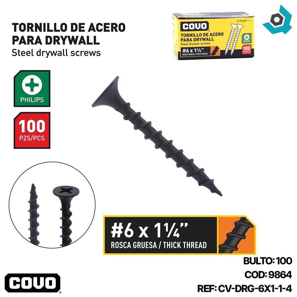 TORNILLO DRYWALL #6 X 1 1/4" ROSCA GRUESA 100PZA COVO