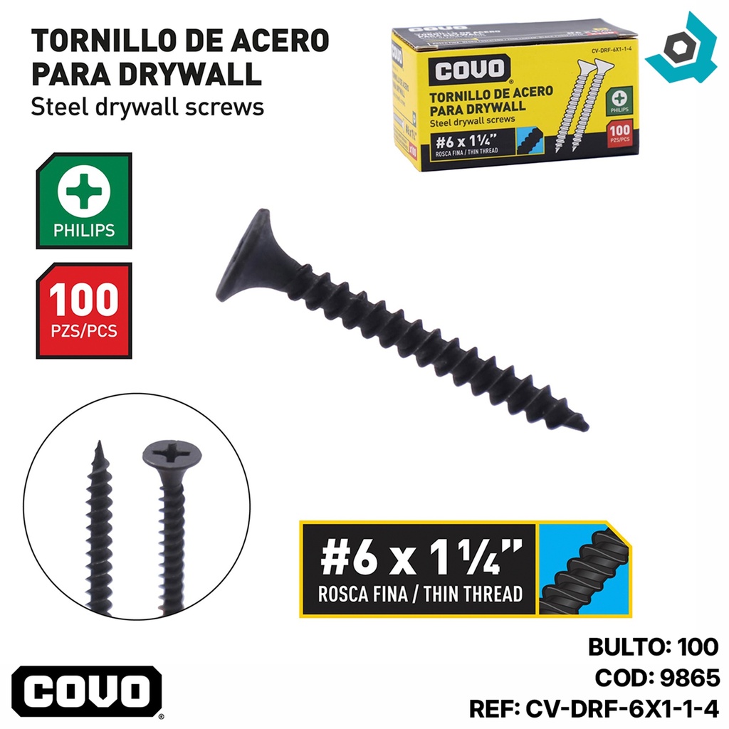 TORNILLO DRYWALL #6 X 1 1/4" ROSCA FINA 100PZA COVO