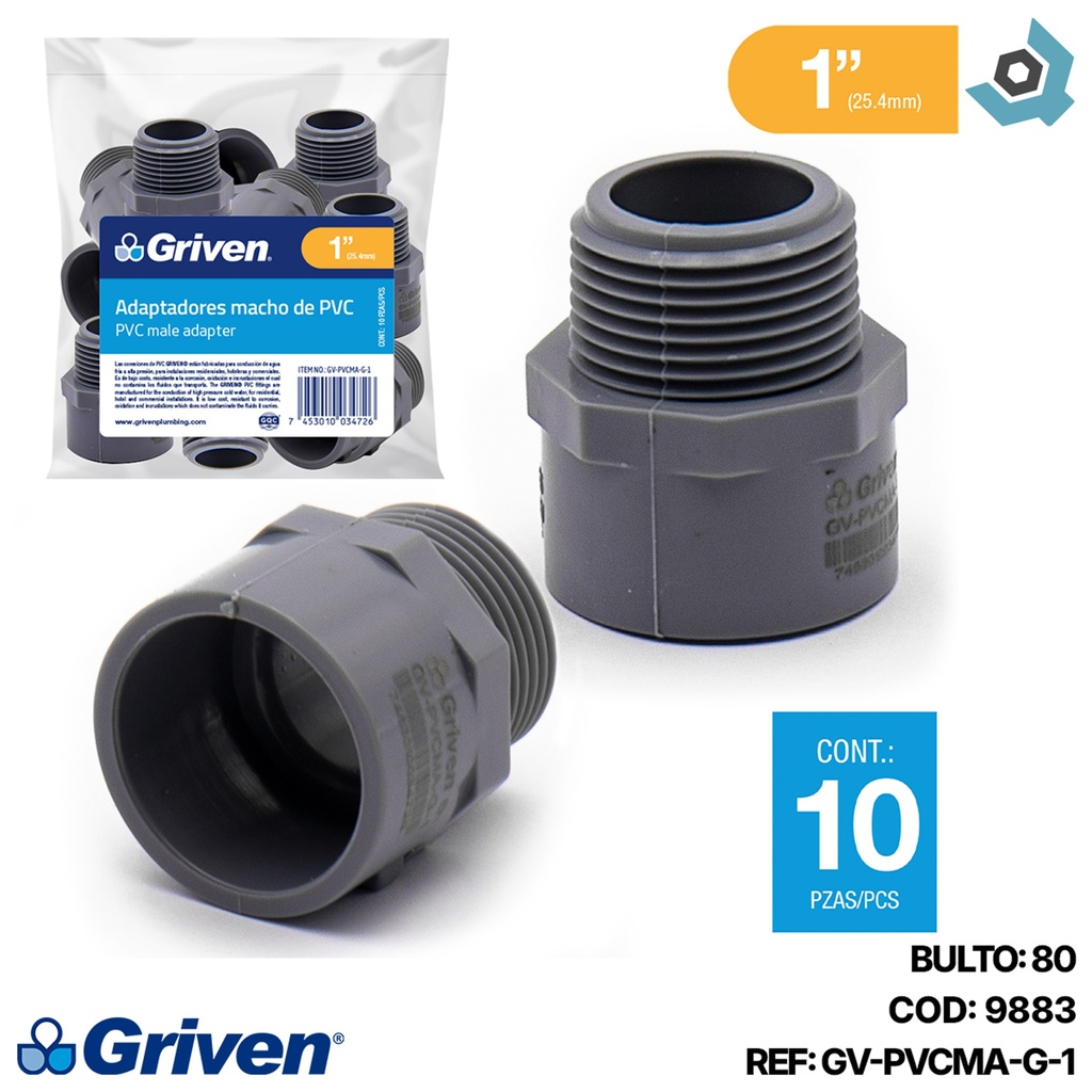 ADAPTADOR PVC 1" MACHO GRIS GRIVEN