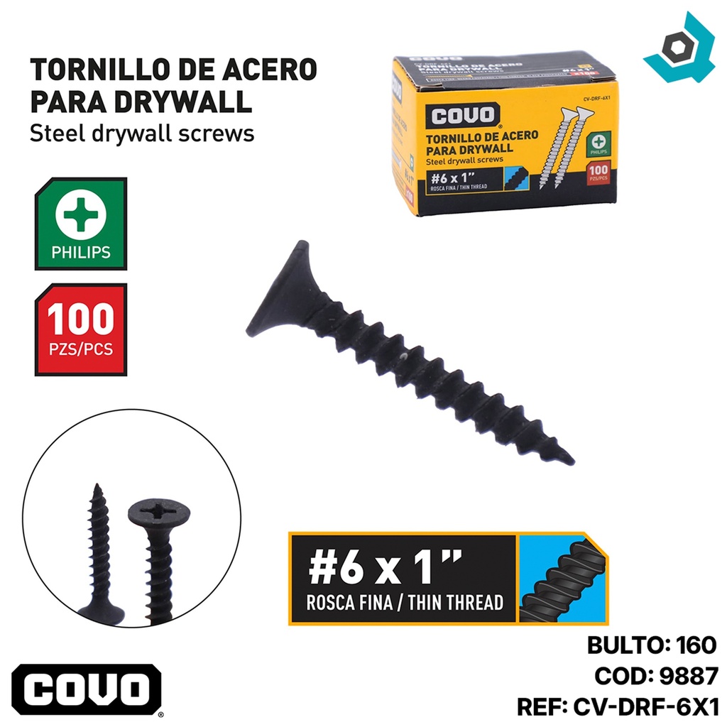 TORNILLO DRYWALL #6 X 1" ROSCA FINA 100PZA COVO