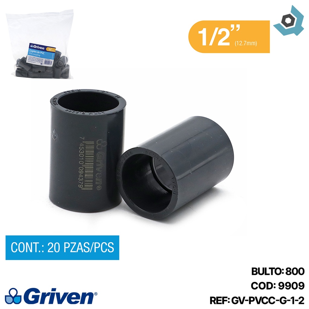 UNION PVC 1/2" SENCILLA GRIS GRIVEN
