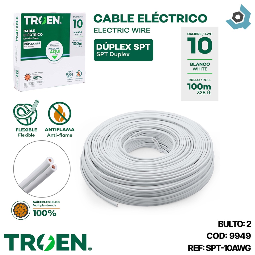 CABLE ELECTRICO 10 AWG DUPLEX 100M BLANCO TROEN