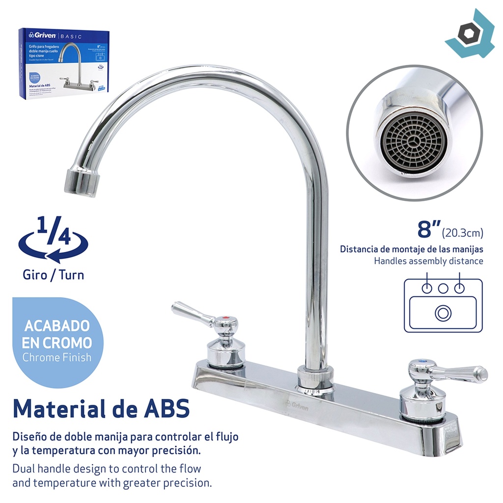 GRIFERIA PARA FREGADERO 8" DOBLE MANIJA CUELLO TIPO CISNE GRIVEN BASIC