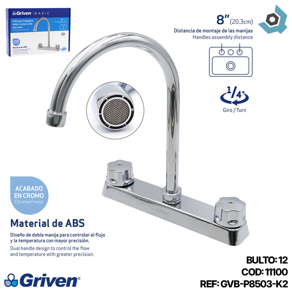 GRIFERIA PARA FREGADERO 8" DOBLE MANIJA CUELLO TIPO CISNE GRIVEN BASIC