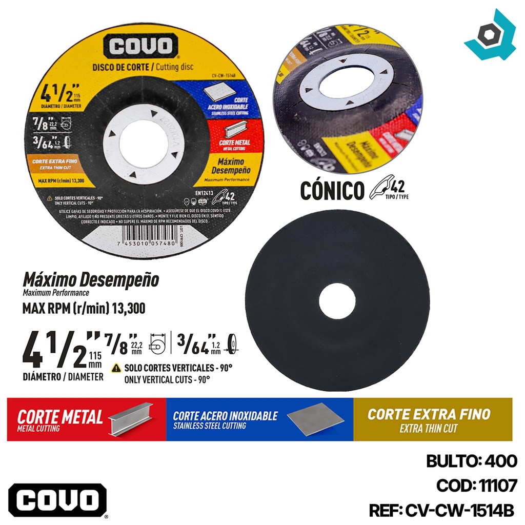 DISCO PARA CORTE EN METAL 4 1/2" EXTRA FINO COVO