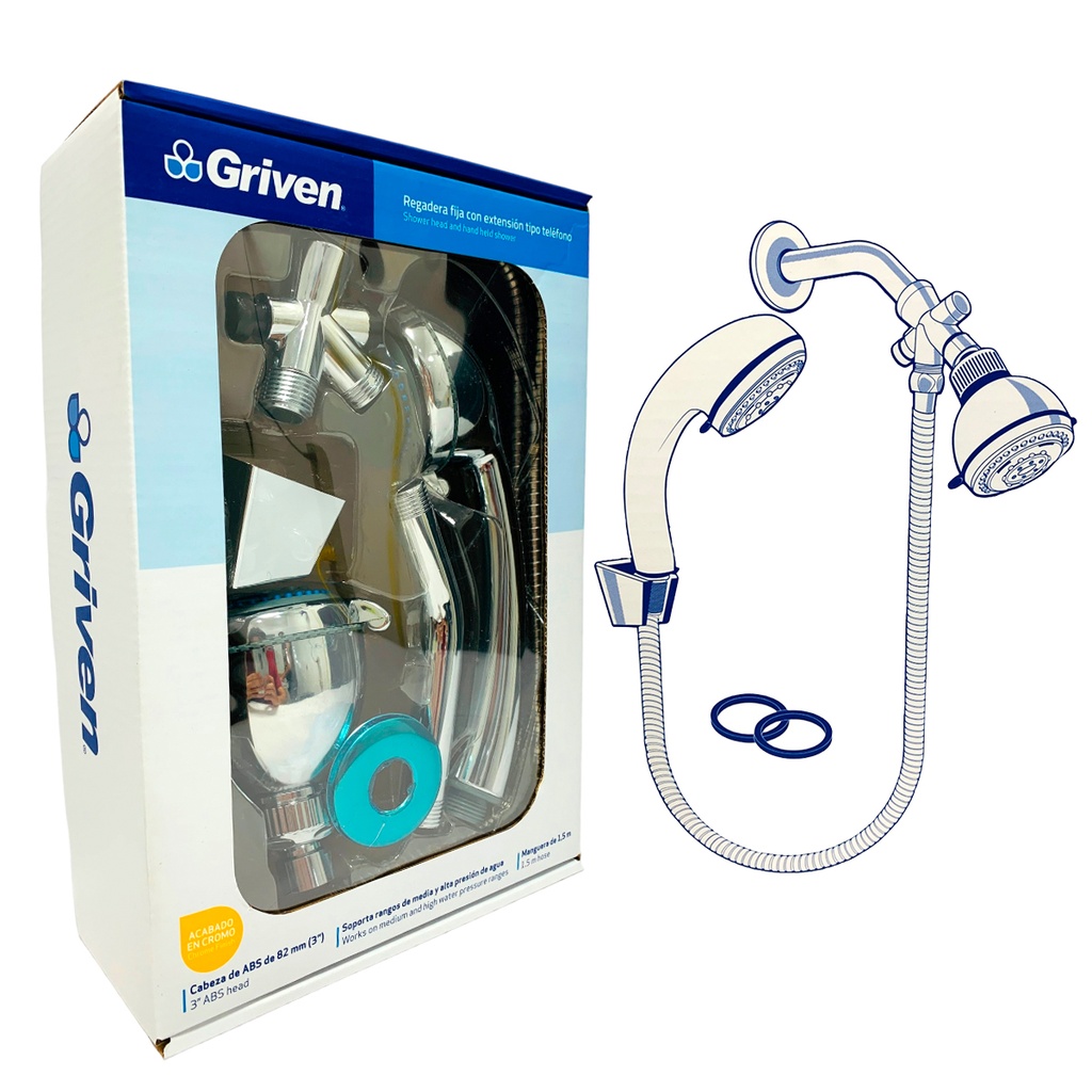 REGADERA FIJA CON EXTENSION TIPO TELEFONO CROMADO GRIVEN