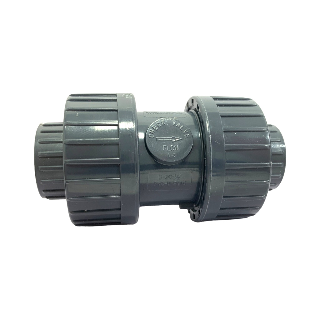 VALVULA CHEQUE DOBLE UNION UNIVERSAL PVC PRES 1/2" C SIN ROSCA TUBRICA
