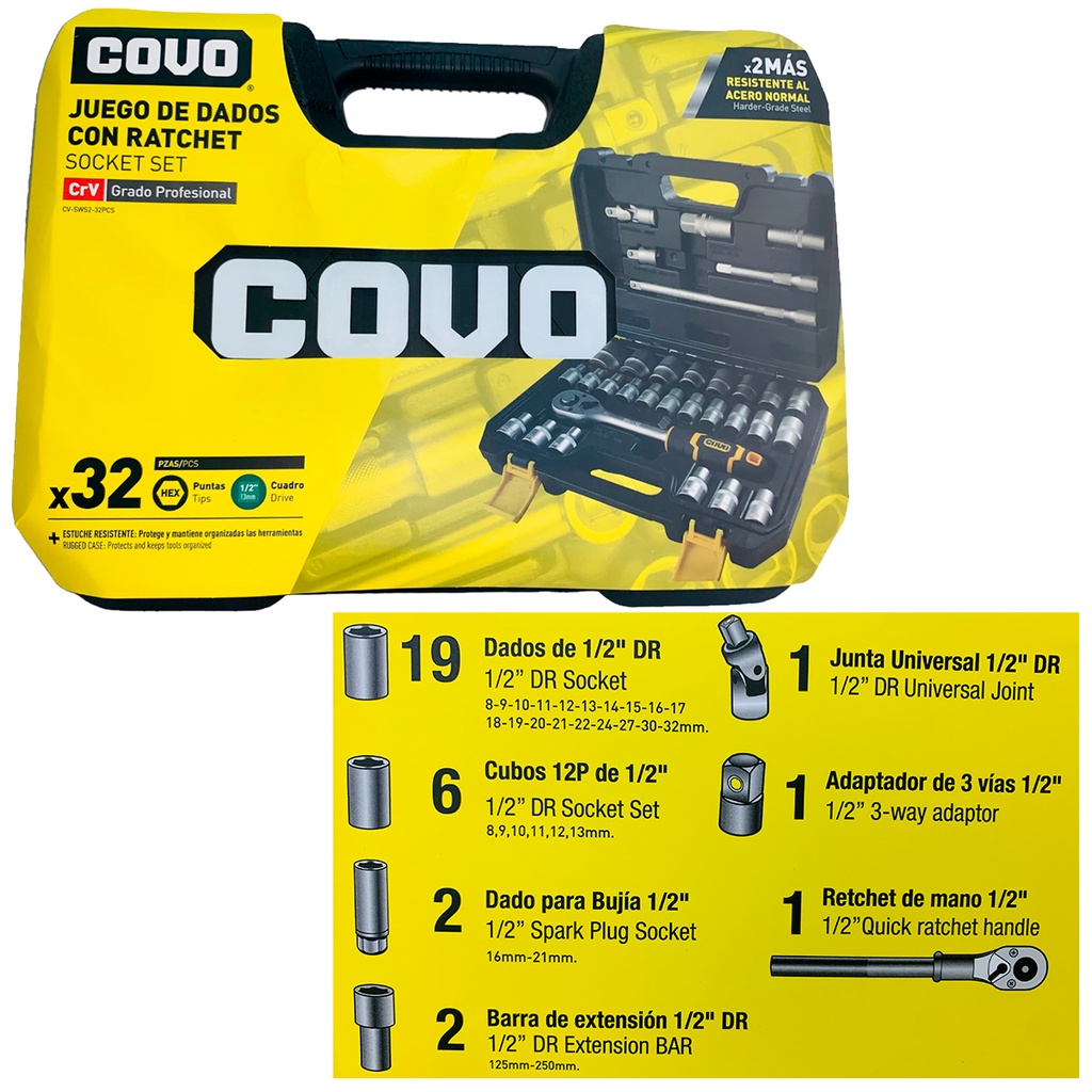 JUEGO DE DADOS CON RACHET 32 PIEZAS 1/2" COVO