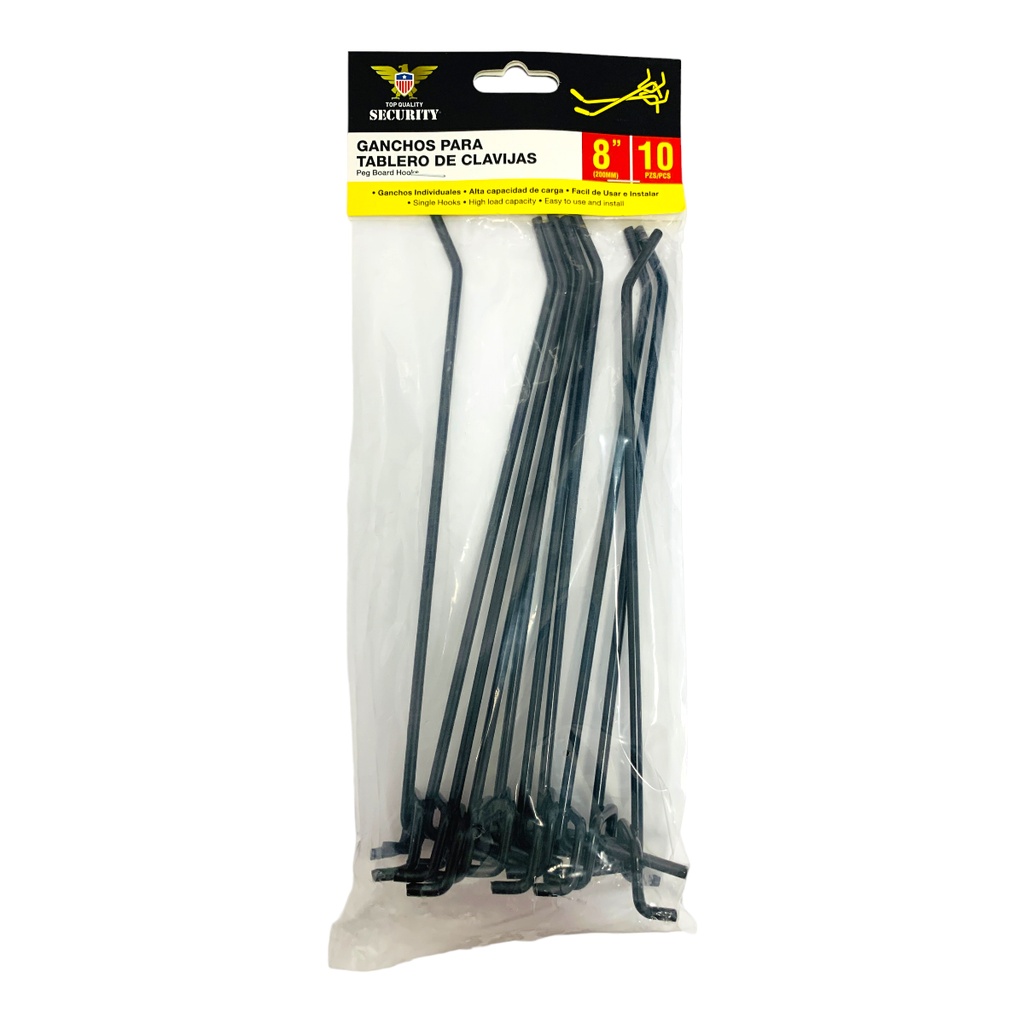 GANCHOS PARA TABLEROS DE CLAVIJA 8" NEGRAS 10 PIEZAS SECURITY