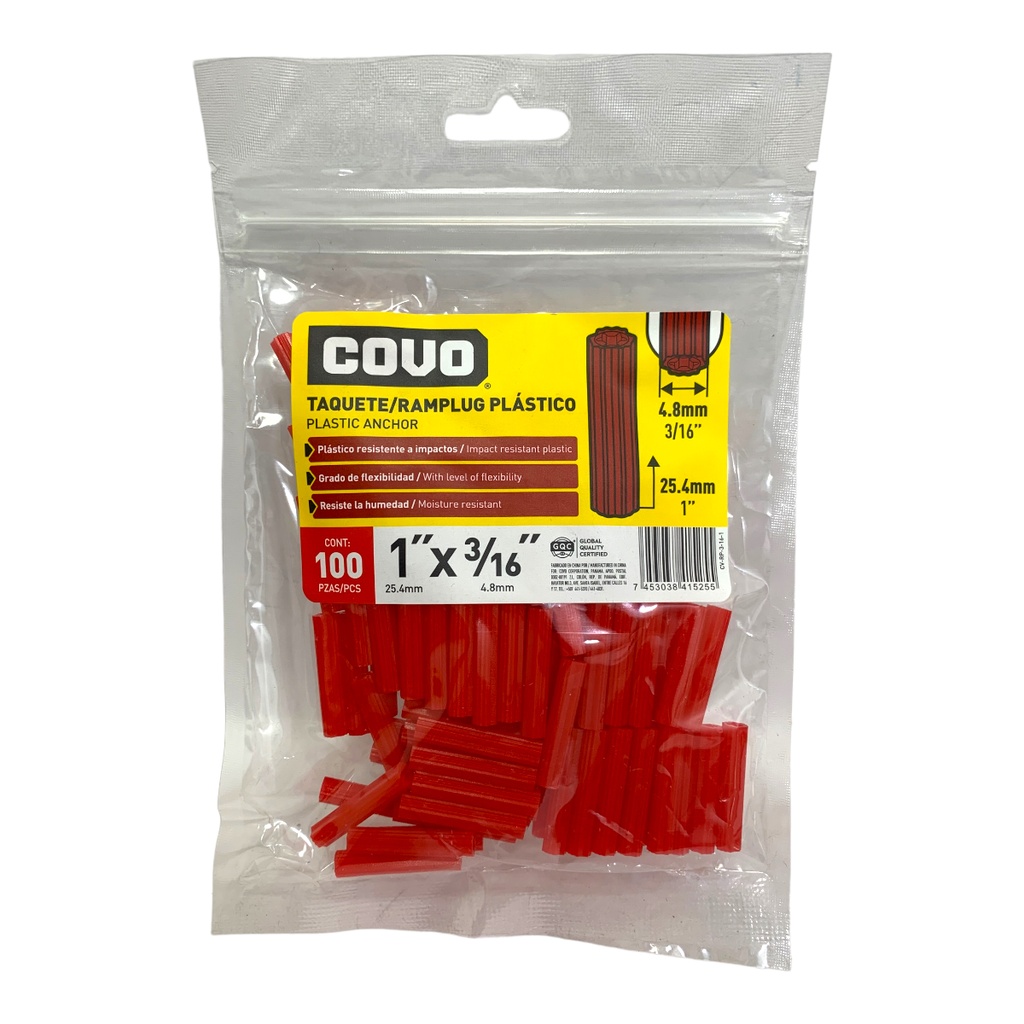 RAMPLUG PLASTICO 1" X 3/16" 100 PIEZAS ROJO COVO