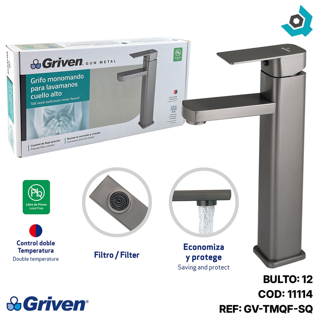 GRIFERIA MONOMANDO PARA LAVAMANOS CUELLO ALTO GRIS METALICO GRIVEN GUN METAL