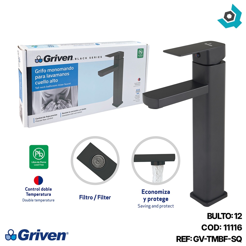 GRIFERIA MONOMANDO PARA LAVAMANOS CUELLO ALTO NEGRO GRIVEN BLACK