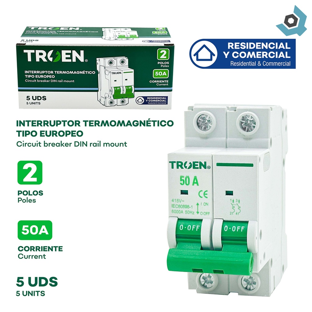 BREAKER TERMOMAGNETICO 50A 2P TIPO EUROPEO TROEN