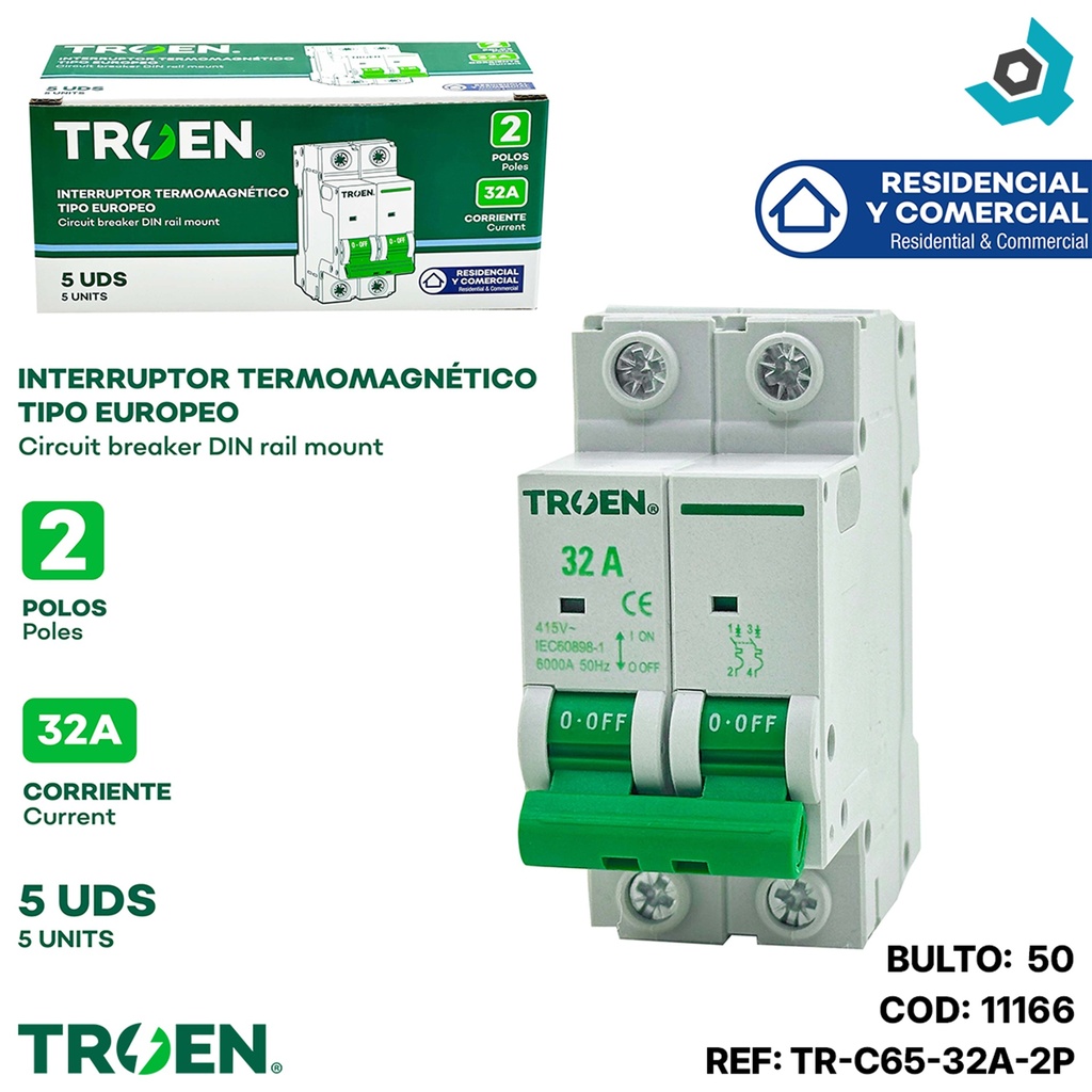 BREAKER TERMOMAGNETICO 32A 2P TIPO EUROPEO TROEN
