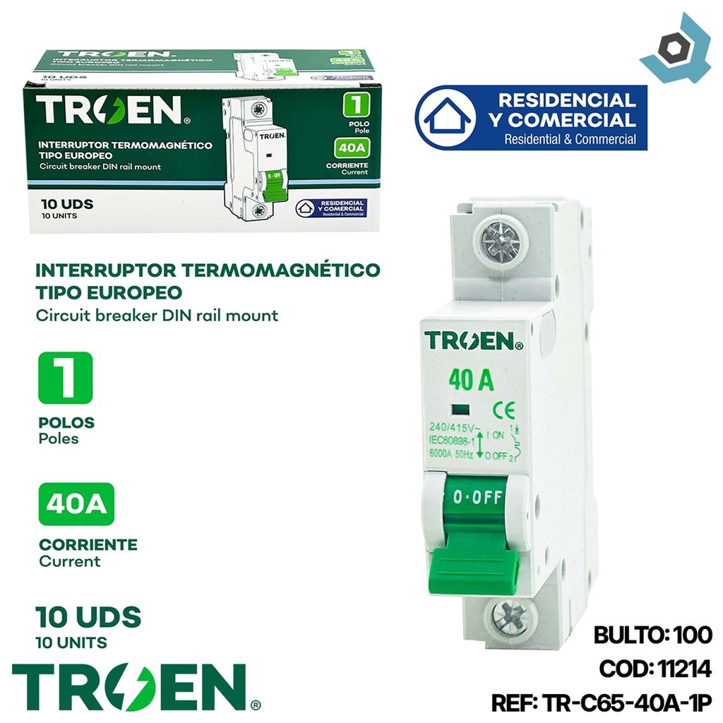 BREAKER TERMOMAGNETICO 40A 1P TIPO EUROPEO TROEN