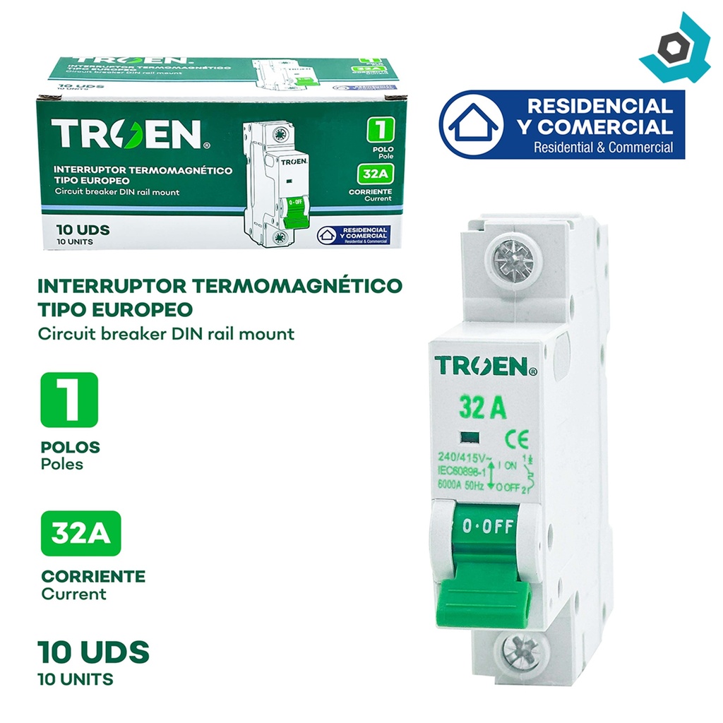 BREAKER TERMOMAGNETICO 32A 1P TIPO EUROPEO TROEN