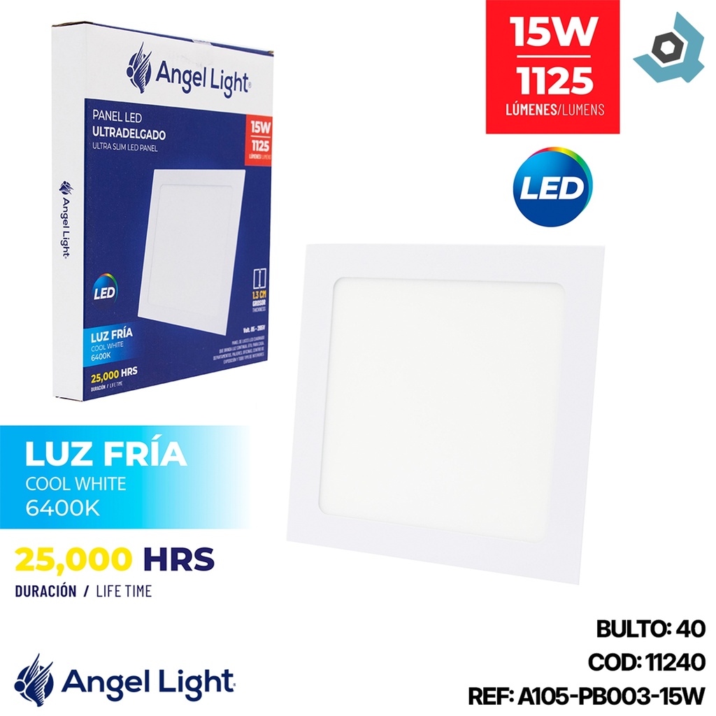 LAMPARA LED PARA EMPOTRAR CUADRADA 15W 7.5" LUZ BLANCA 6400K ANGEL LIGHT