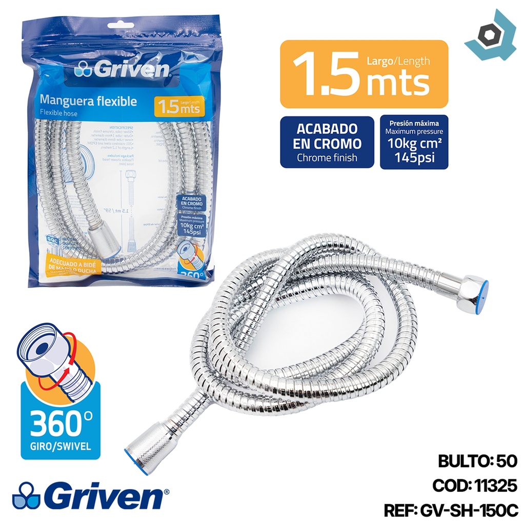 MANGUERA FLEXIBLE 1/2" 1.5M CROMADO GRIVEN
