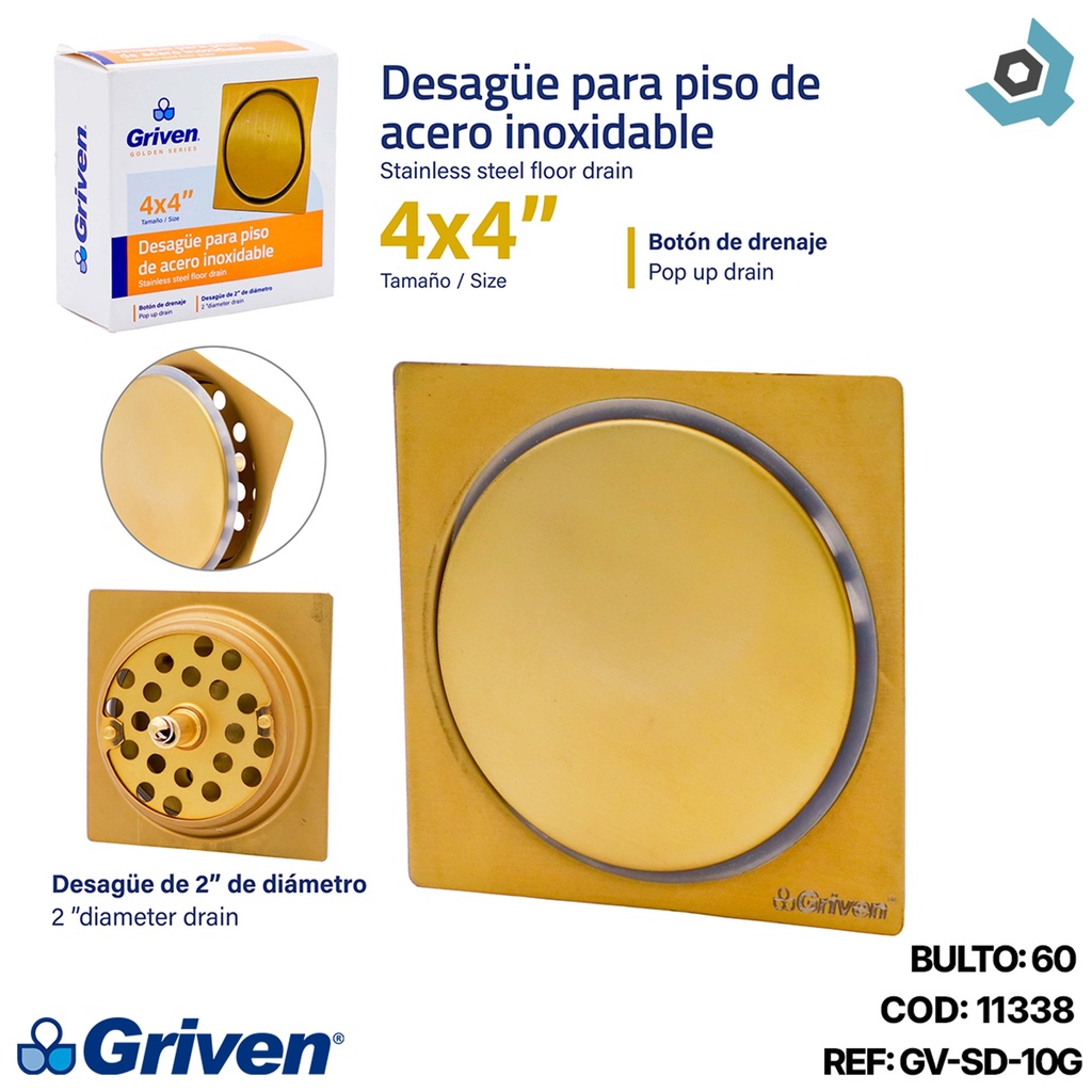 DESAGUE DE PISO 4" X 4" PUSH DORADO ACERO INOXIDABLE GRIVEN GOLD