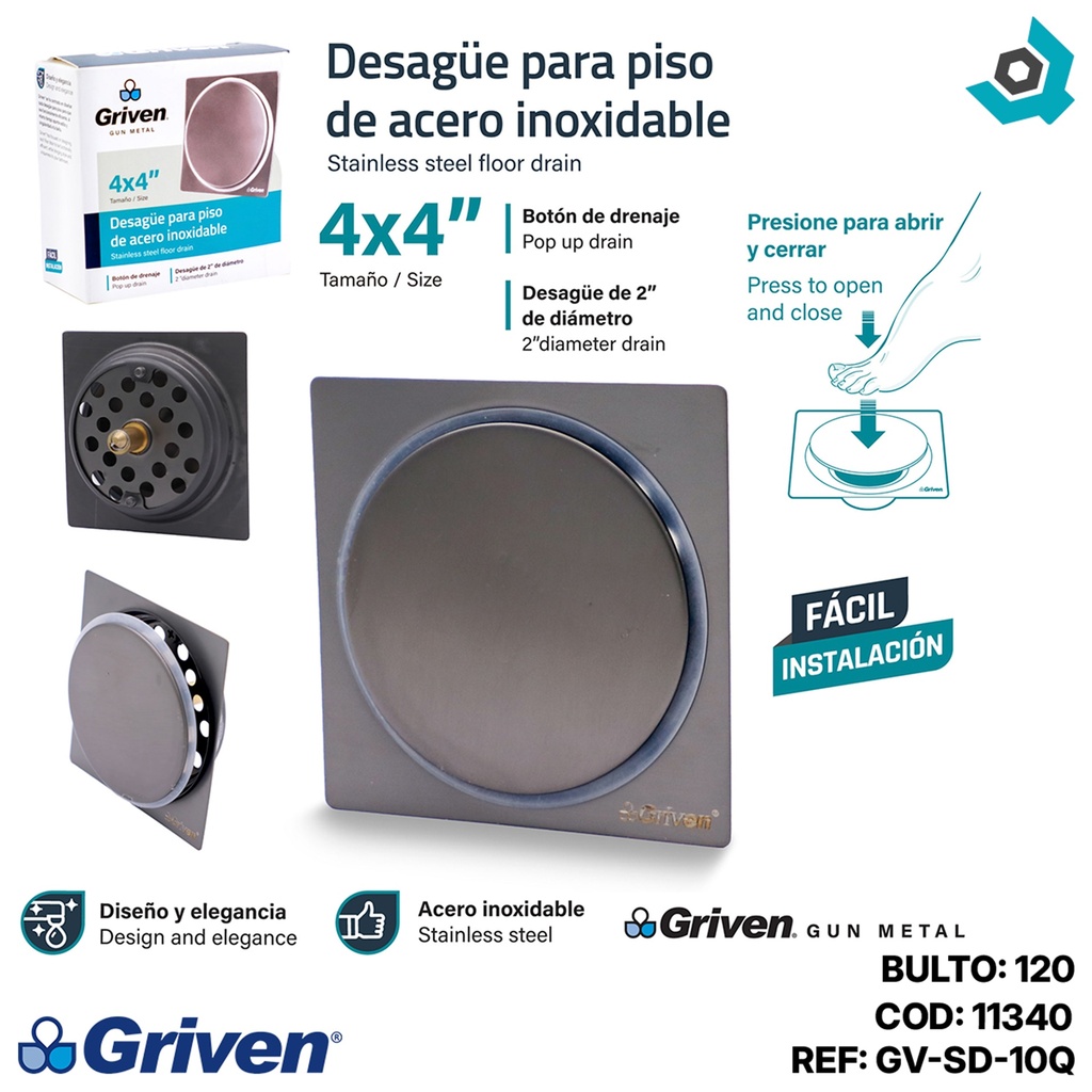 DESAGUE DE PISO 4" X 4" PUSH GRIS METALICO ACERO INOXIDABLE GRIVEN GUN METAL